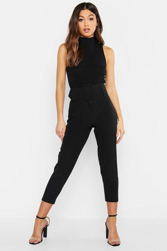 Slim-Fit Solid Color High-Waist Lace-Up Casual Pants