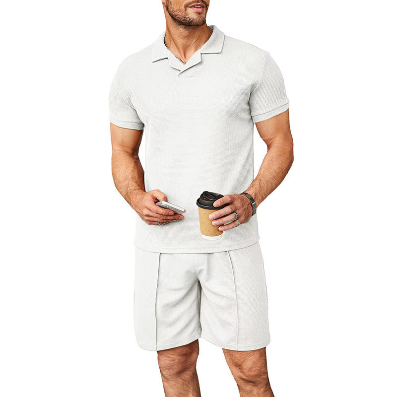 Summer New Waffle V-neck Polo Shirt Men's Suit