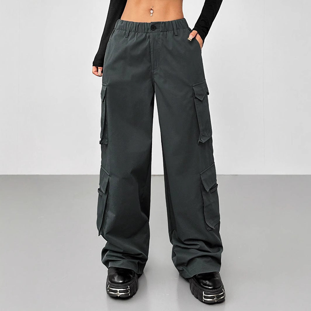Casual Pants Elastic Waist High Waist Wide-leg Workwear Trousers