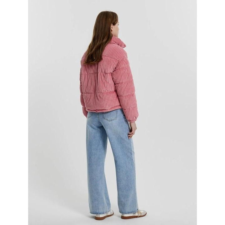 Pink Striped Corduroy Women Turtleneck Puffer Jacket
