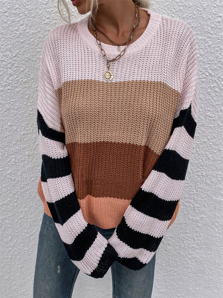 Women's Color Stitching Knit Pullover Loose Sweater