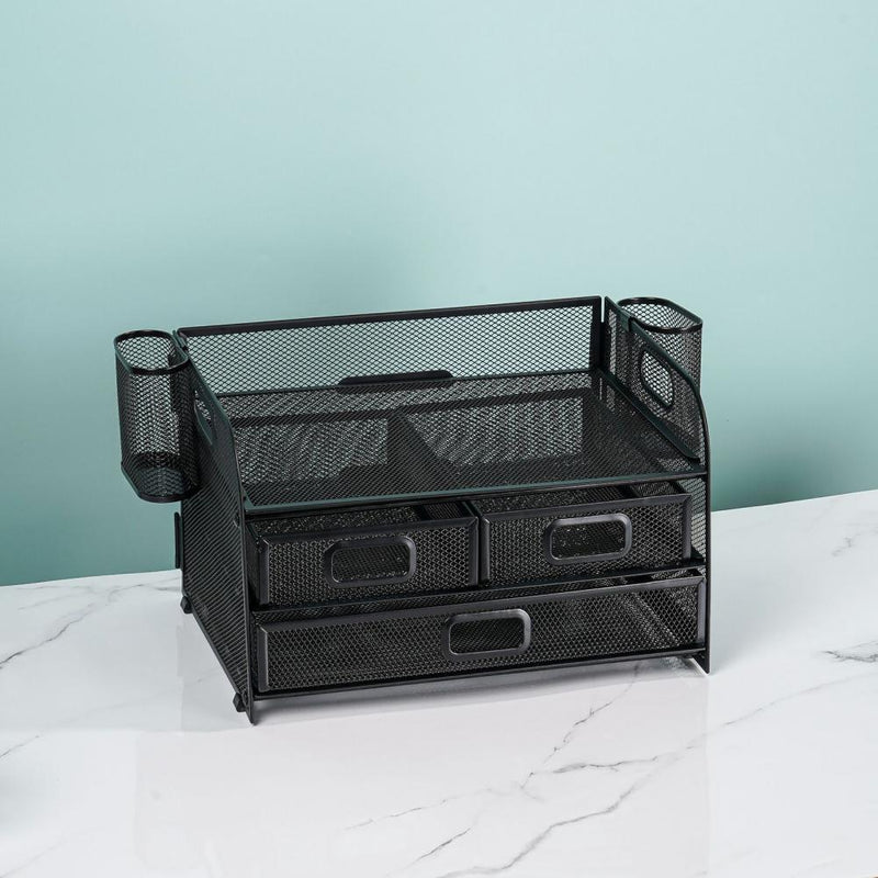 Mesh desk organizer with 3 drawers, view 4 - MRSLM
