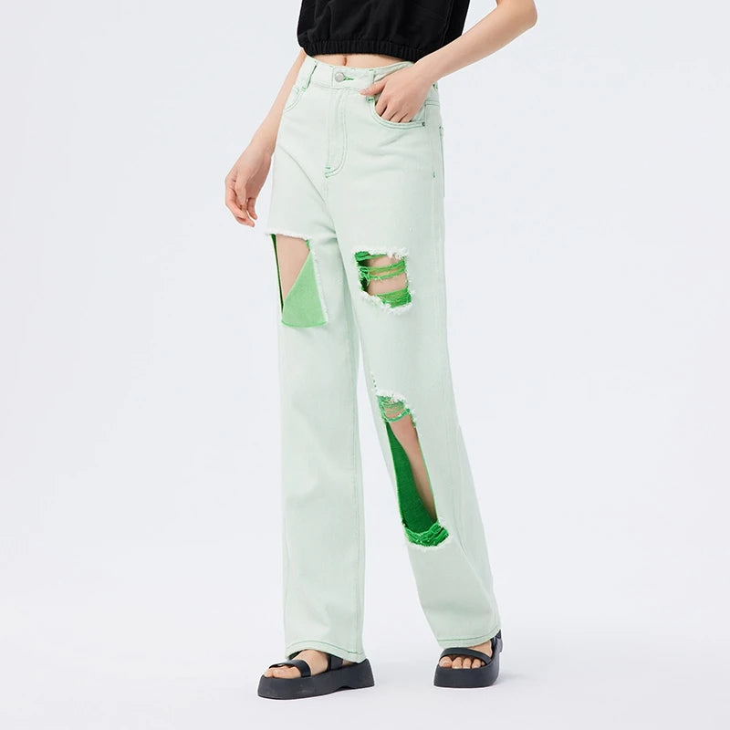 Green wide leg jeans for women, view 8 - MRSLM