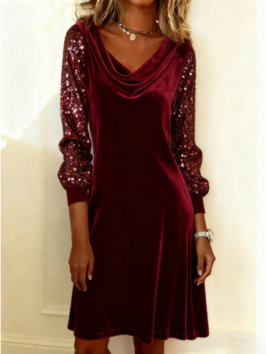 Women's Velvet Sequin Patchwork Long-Sleeve Dress
