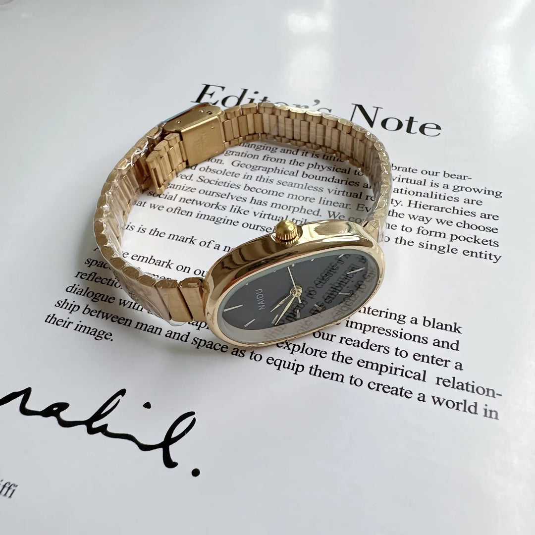 Elegant Quartz Stainless Steel Small Oval Watch for Women