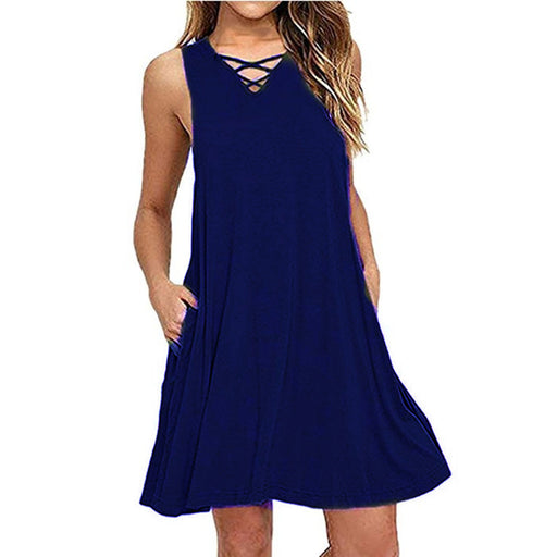 sleeveless v-neck belt dress, view 4 - MRSLM