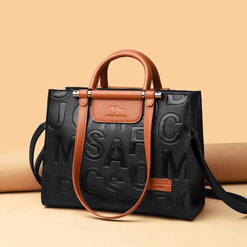 large soft leather tote with embossed lettering, view 9 - MRSLM