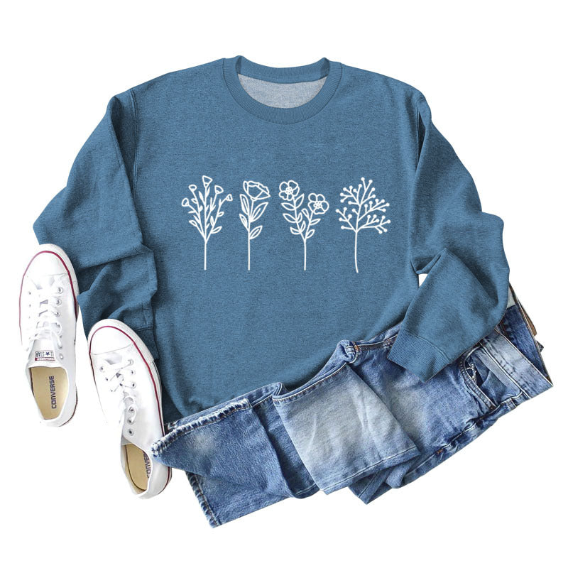 Four Flowers Printed Casual Long Sleeve Sweatshirt