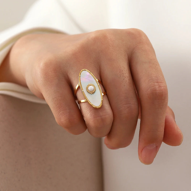 gold plated oval shell pearl adjustable ring, view 4 - MRSLM