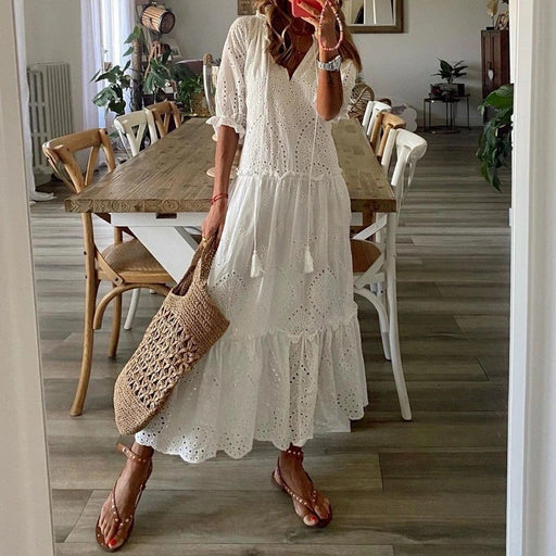 casual v-neck printed mid-length dress, view 4 - MRSLM