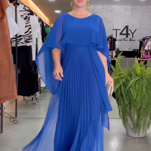 Pleated maxi dress with chiffon cape overlay in blue - MRSLM