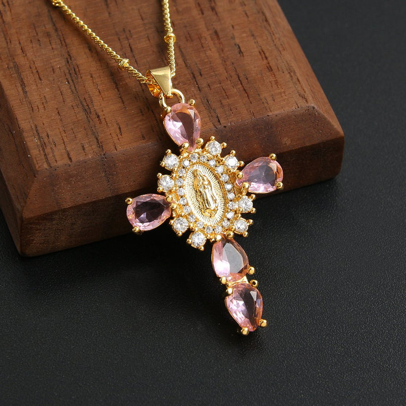 rhinestone cross pendant necklace, view 2 - MRSLM