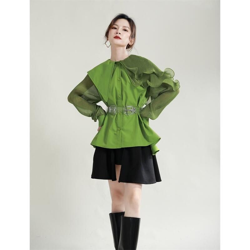 green pleated belted blouse, view 4 - MRSLM