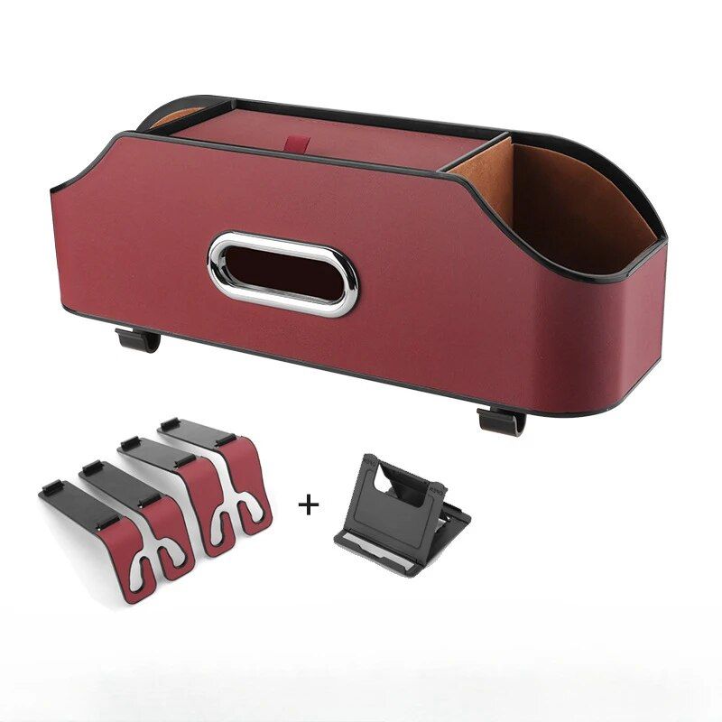 Leather Multi-Use Car Storage Box with Tissue Holder & Phone Stand