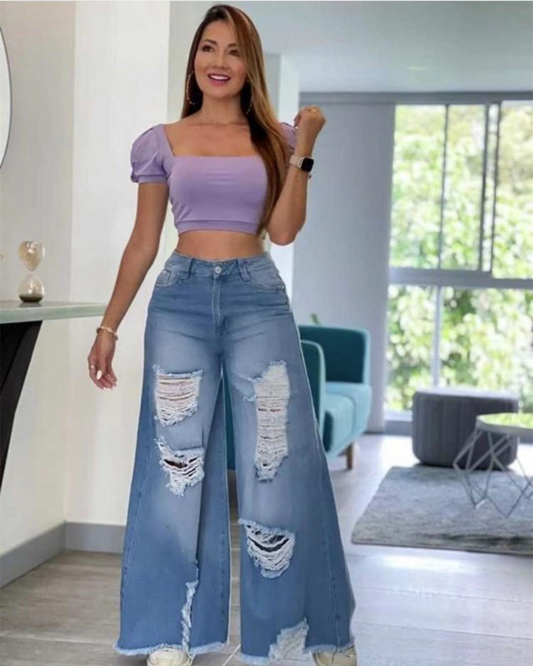 Lady Sexy Fashion Holes Denim Wide-leg Pants