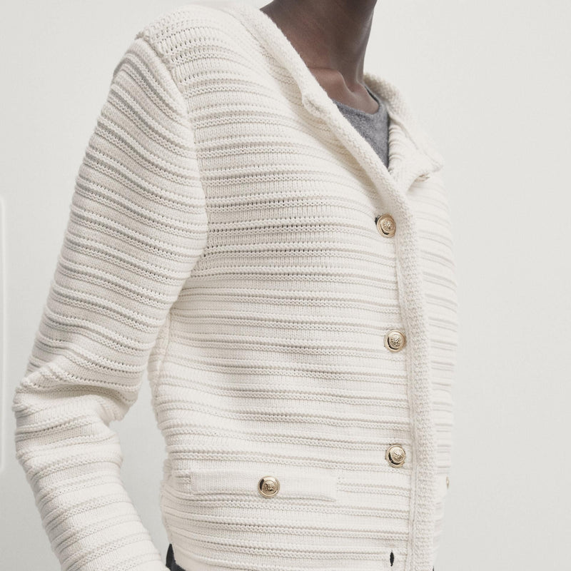 Women's gold buttons striped knitted coat, view 5 - MRSLM