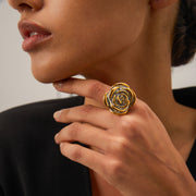 Stainless steel 18K gold plated geometric flower ring, view 3 - MRSLM