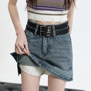 high waist denim mini skirt with belt, view 6 - MRSLM
