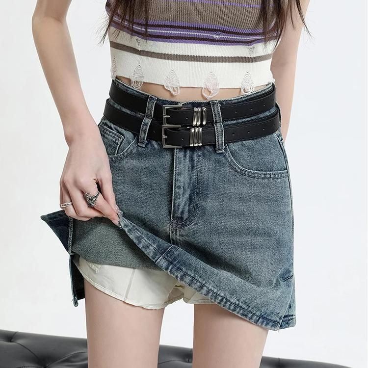 high waist denim mini skirt with belt, view 6 - MRSLM