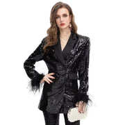 feather sequin double-breasted blazer, view 2 - MRSLM