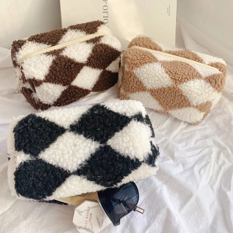 plush plaid barrel makeup bag, view 6 - MRSLM