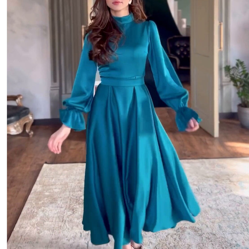 elegant ruffled long sleeve dress, view 4 - MRSLM