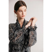 black printed silk blouse with bow collar, view 7 - MRSLM