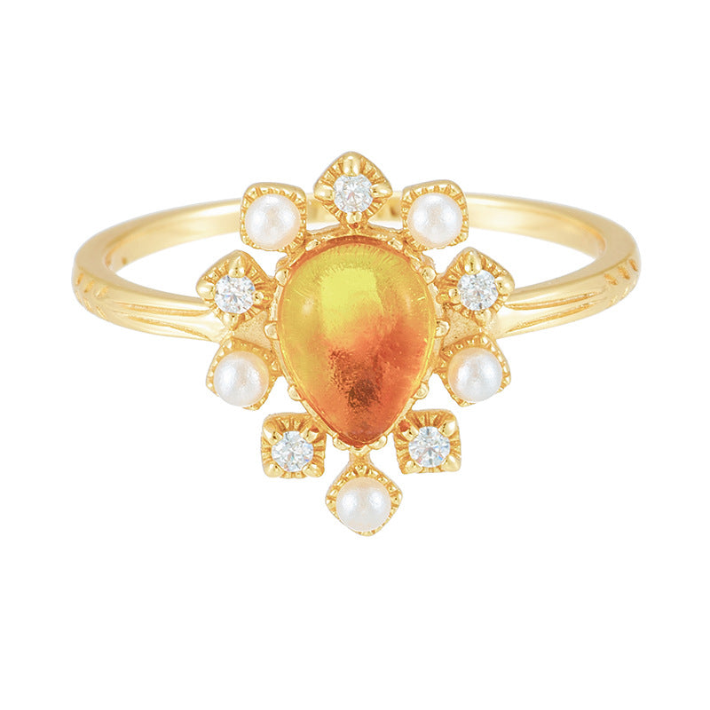vintage gilded silver flower amber ring, view 4 - MRSLM
