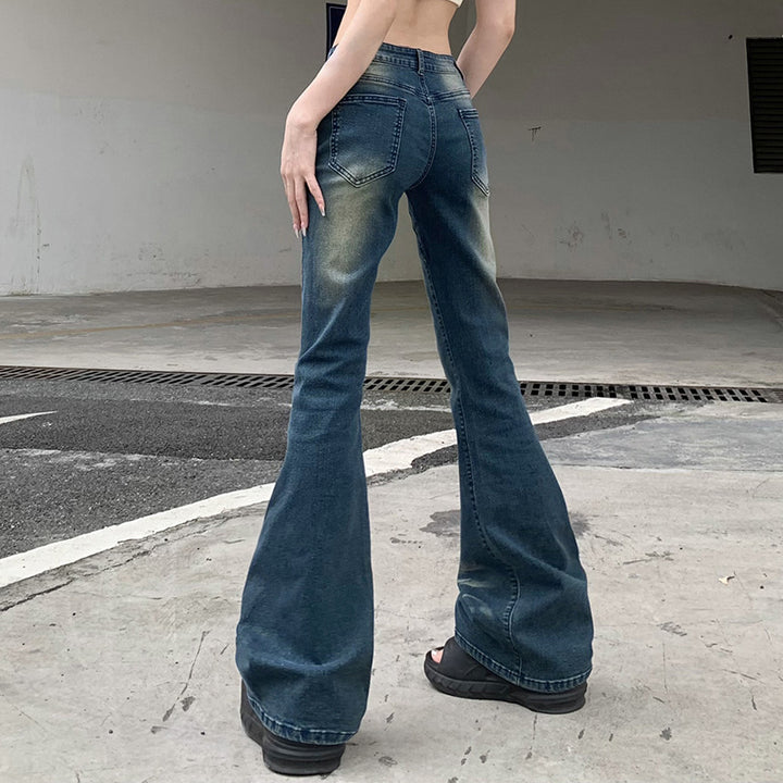 Cross-border Street Style Design Sense Gradient Split Splicing Flared Pants Spicy Girls High Waist Skinny Washed Jeans