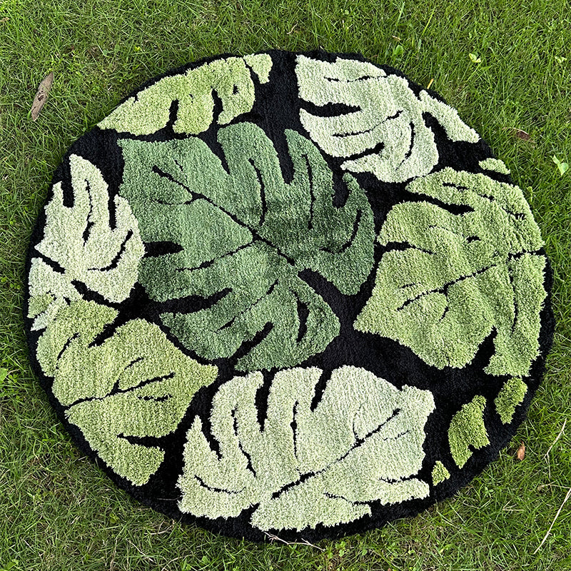 round green monstera leaf plush rug, view 3 - MRSLM
