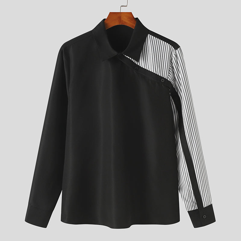 striped patchwork men's long sleeve shirt, view 2 - MRSLM