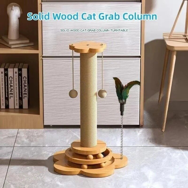 two-tier wooden cat scratching tower, view 6 - MRSLM
