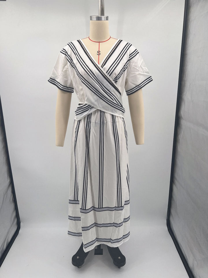 Summer Vacation V-Neck Womens Short-Sleeve Pleated Maxi Dress