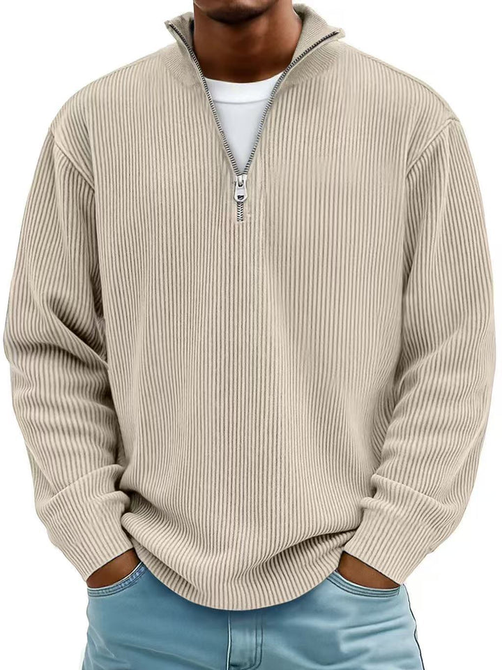 Corduroy Zipper Stand Collar Sweatshirt Fashion Warm Solid Color Long Sleeve Top Men&