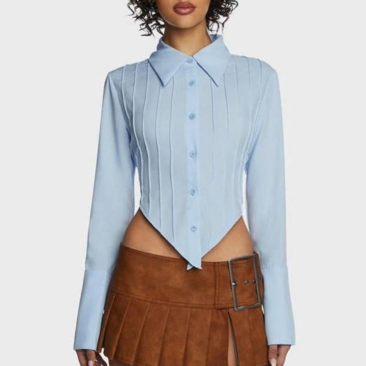 Chic Blue Lace-Up Back Blouse with V-Shaped Hem