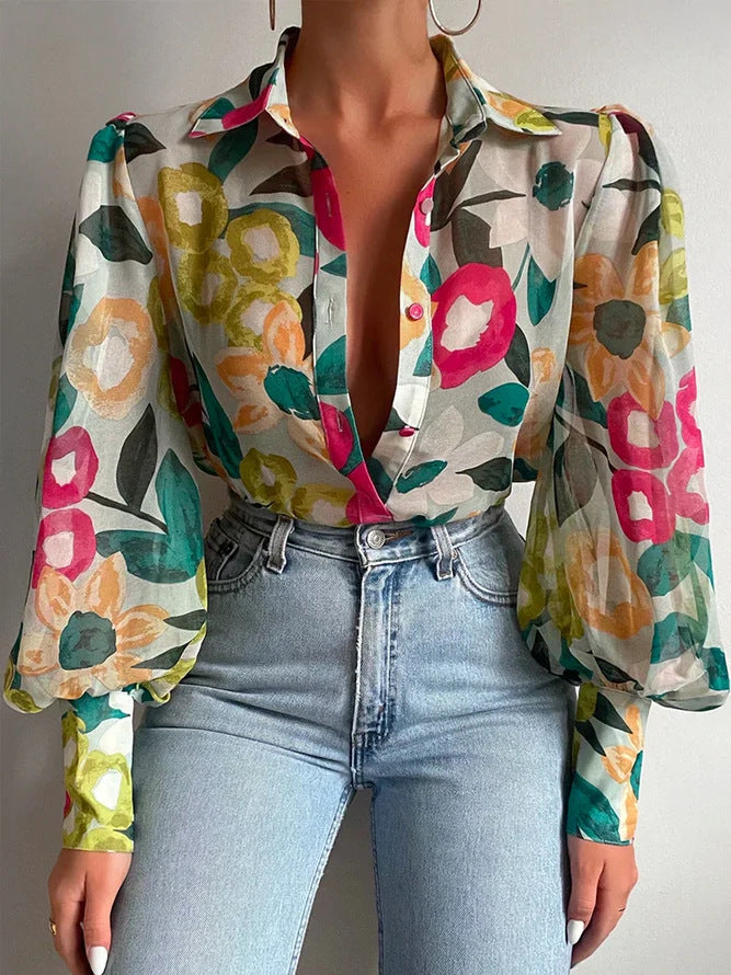 women's printed lantern sleeve summer shirt, view 9 - MRSLM