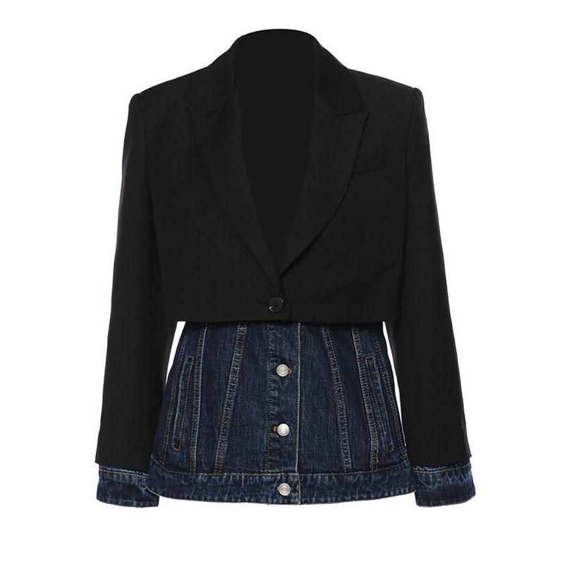 patchwork denim blazer for women, view 4 - MRSLM