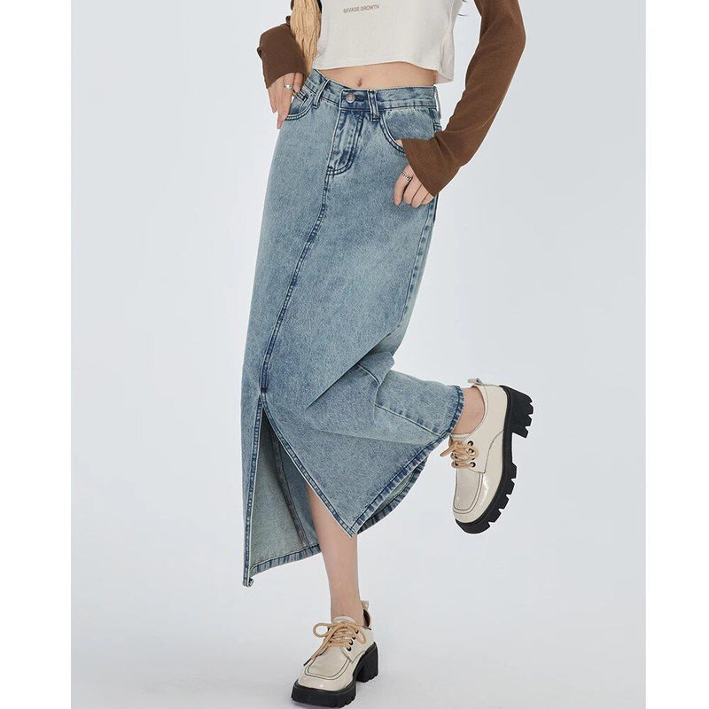 Classic high waist straight denim skirt, view 3 - MRSLM