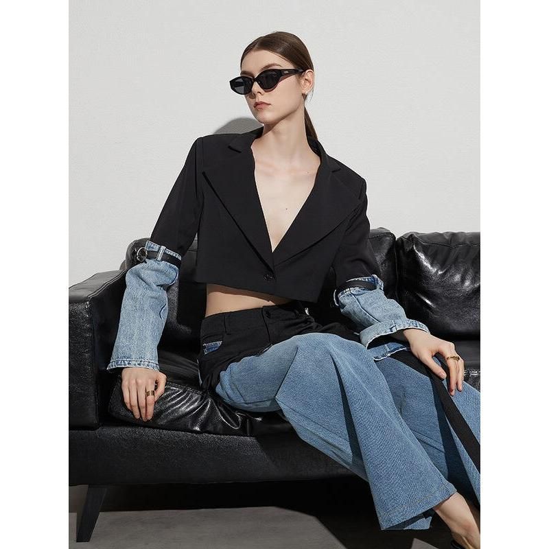 colorblock patchwork denim short coat, view 5 - MRSLM