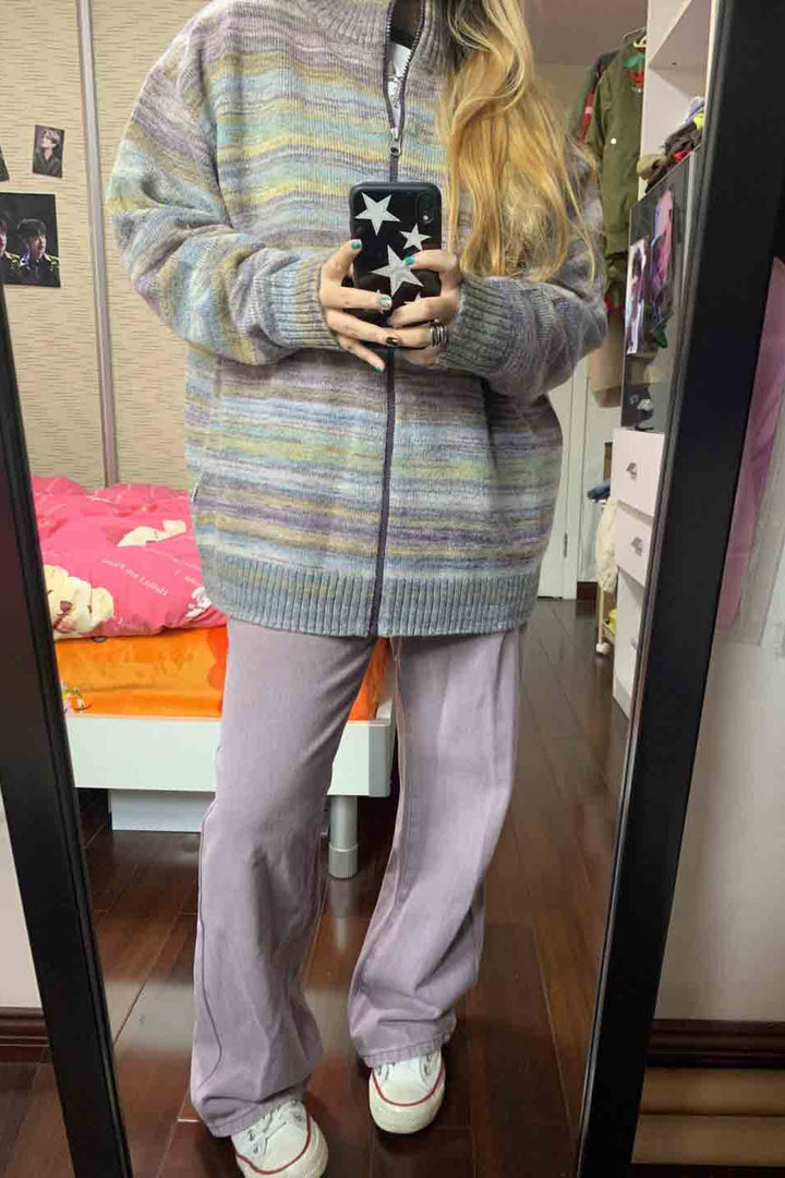 Rainbow Striped Retro Stand Collar Zipper Sweater Cardigan Coat