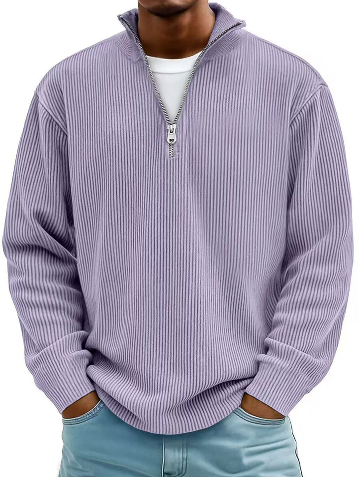 Corduroy Zipper Stand Collar Sweatshirt Fashion Warm Solid Color Long Sleeve Top Men&
