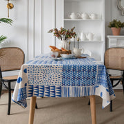 geometric blue patchwork tablecloth, view 3 - MRSLM
