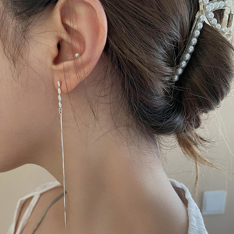 white bead long tassel earrings - MRSLM