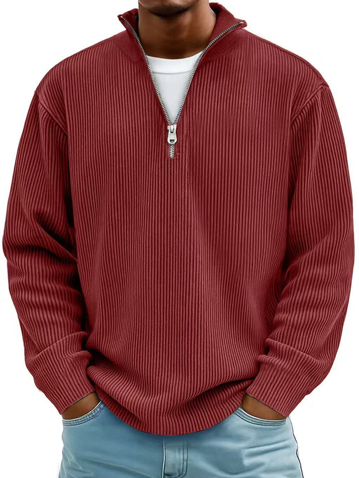 Corduroy Zipper Stand Collar Sweatshirt Fashion Warm Solid Color Long Sleeve Top Men&