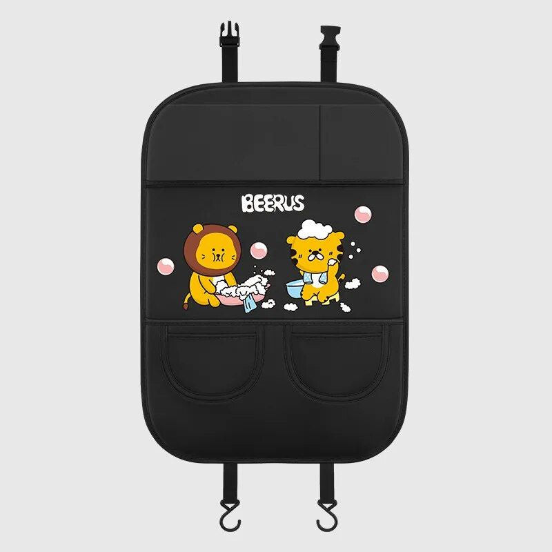 Car Seat Back Protector with Cartoon Design & Storage Pocket