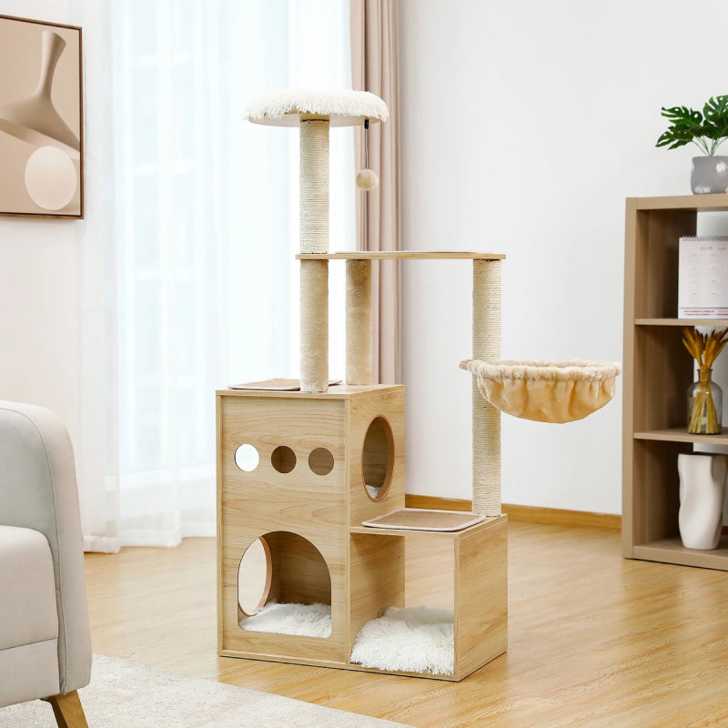 wooden cat tree with sisal posts, condo and hammock - MRSLM