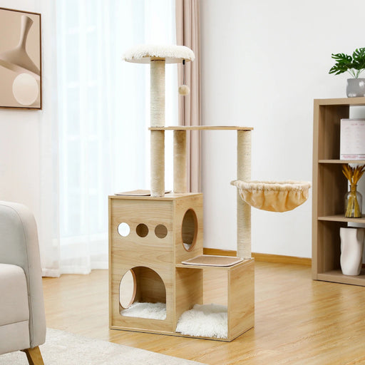 wooden cat tree with sisal posts, condo and hammock - MRSLM