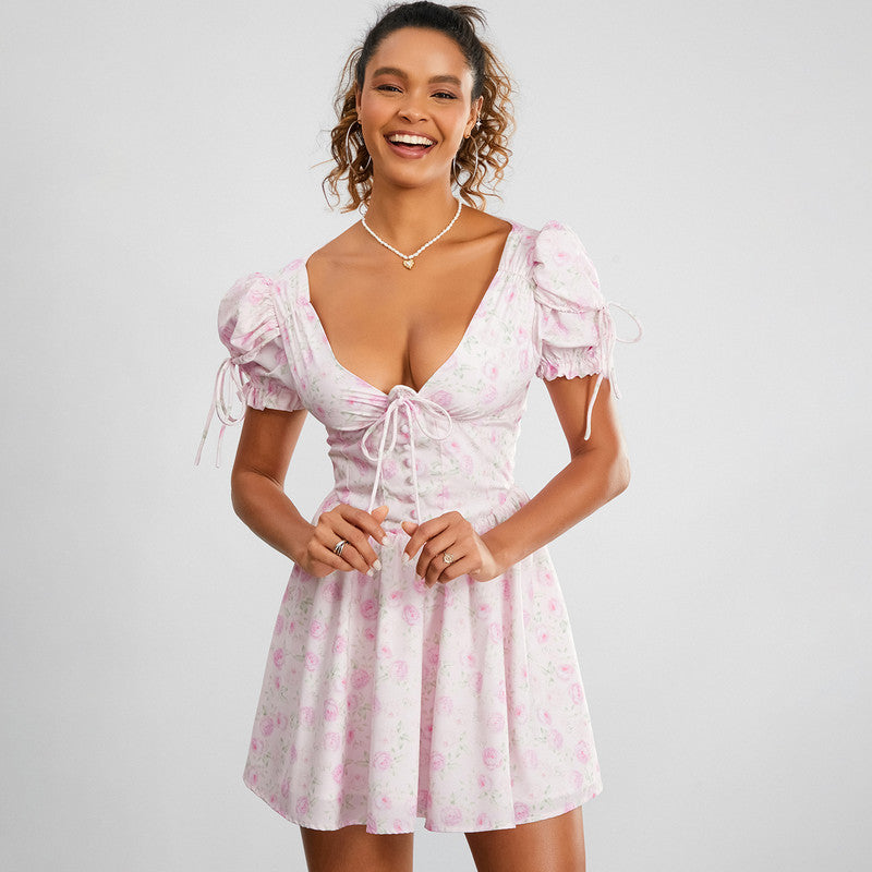 floral v-neck mini dress, view 6 - MRSLM