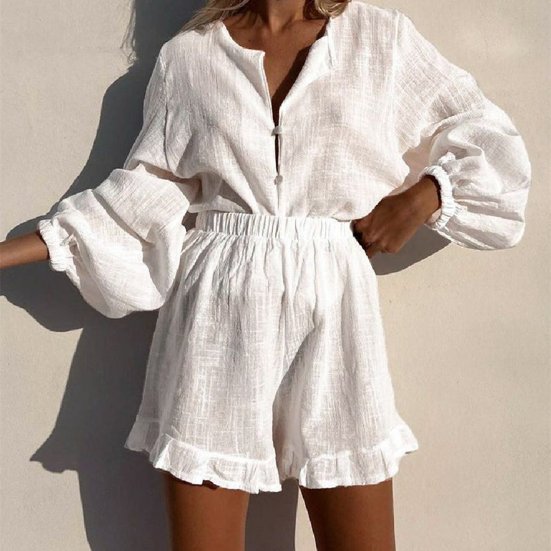 white cotton lantern sleeve top and shorts set - MRSLM