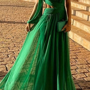 one-shoulder green long dress, view 2 - MRSLM